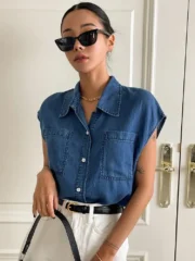 DAZY Dual Pocket Batwing Sleeve Button Front Denim