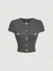 SHEIN MOD Black Metal Button Short Sleeve T-Shirt,Back To School Clothes - Image 3