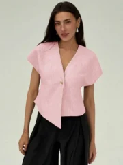 Aloruh Women Simple Single Button Batwing Sleeve Short Sleeve Shirt, Suitable For Commuting In Summer - Image 2