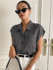 DAZY Dual Pocket Batwing Sleeve Button Front Denim - Image 2