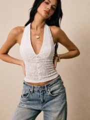 Poéselle White Halter Top – Deep V-Neck, Sleeveless Bodycon, Elegant Summer Wear for Casual, Events & Holidays. - Image 3